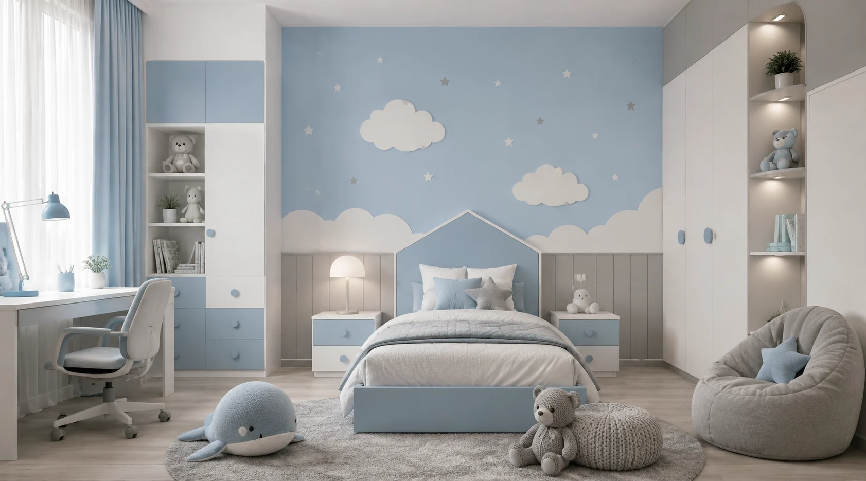 children's room Sky Blue + Cloud White + Soft Grey colour combinations