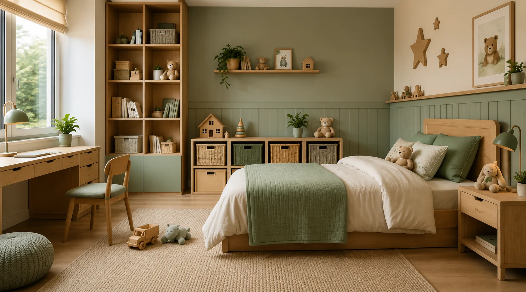 children's room Sage Green + Warm Cream + Natural Wood Tones colour combinations