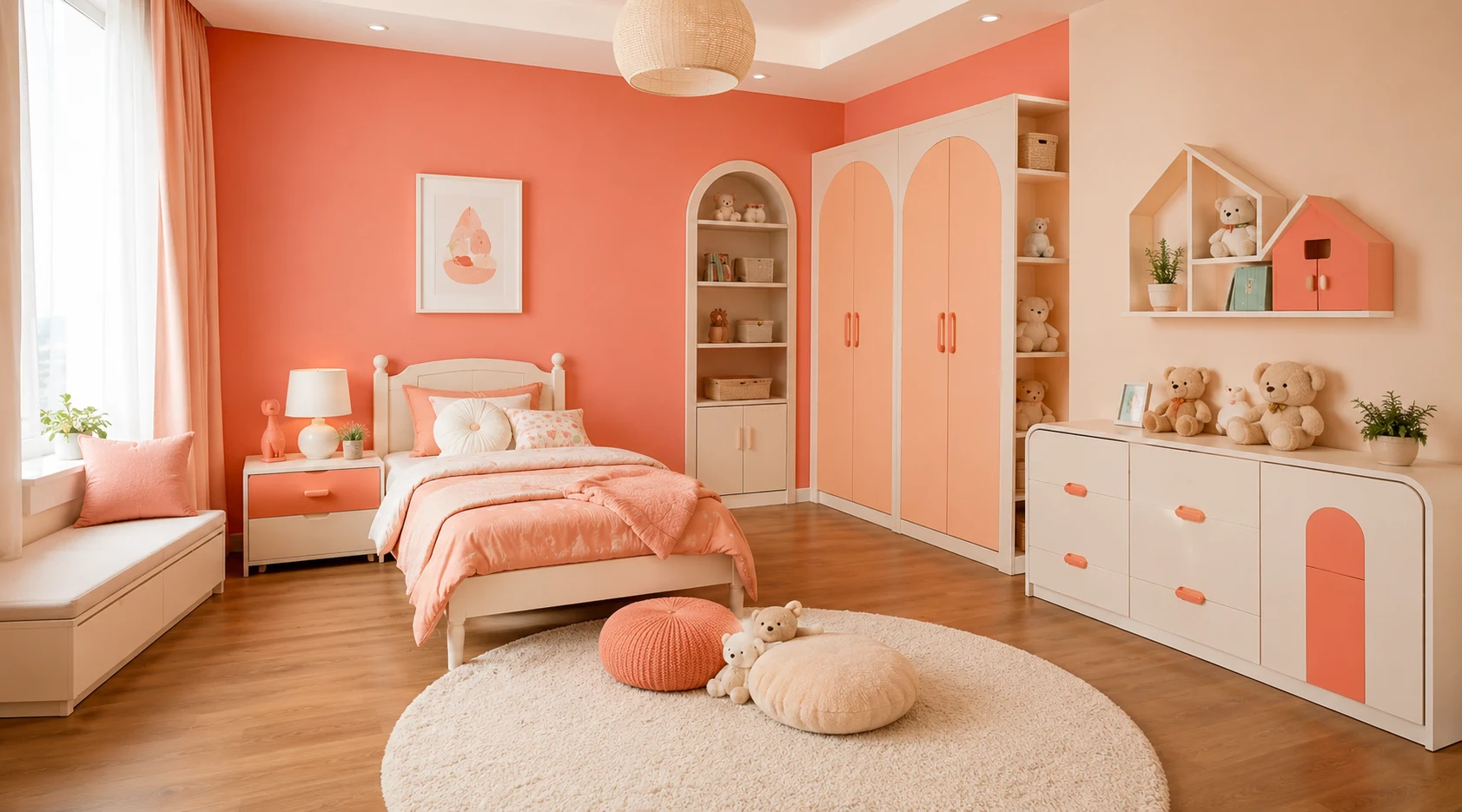 children's room Coral + Peach + Off-White colour combinations