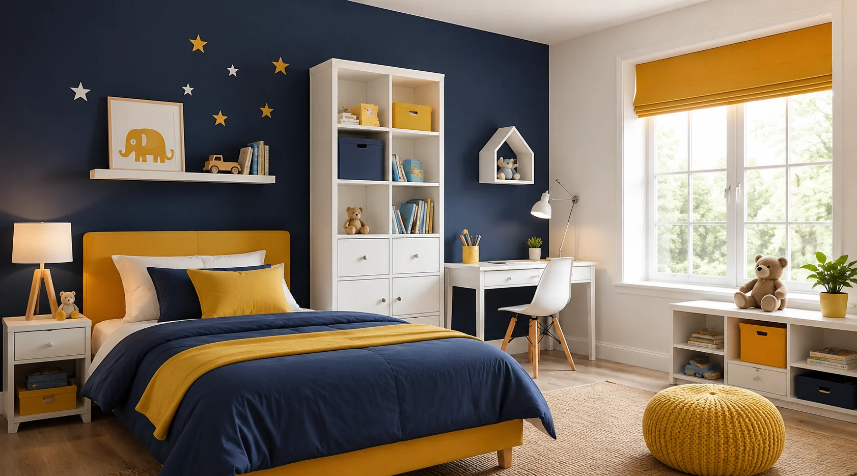 children's room Navy Blue + Mustard Yellow + White colour combinations