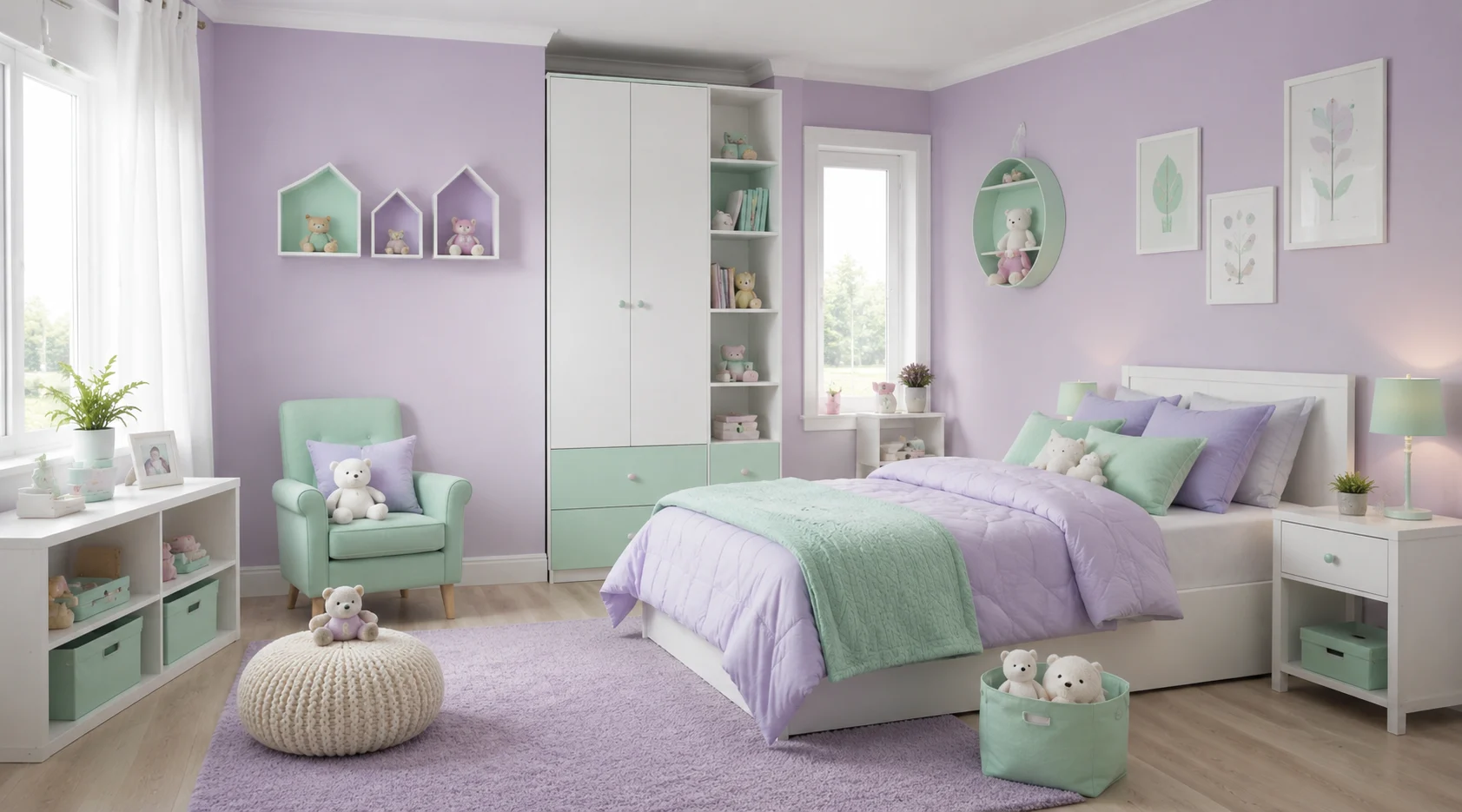 children's room Lavender + Mint Green + White colour combinations