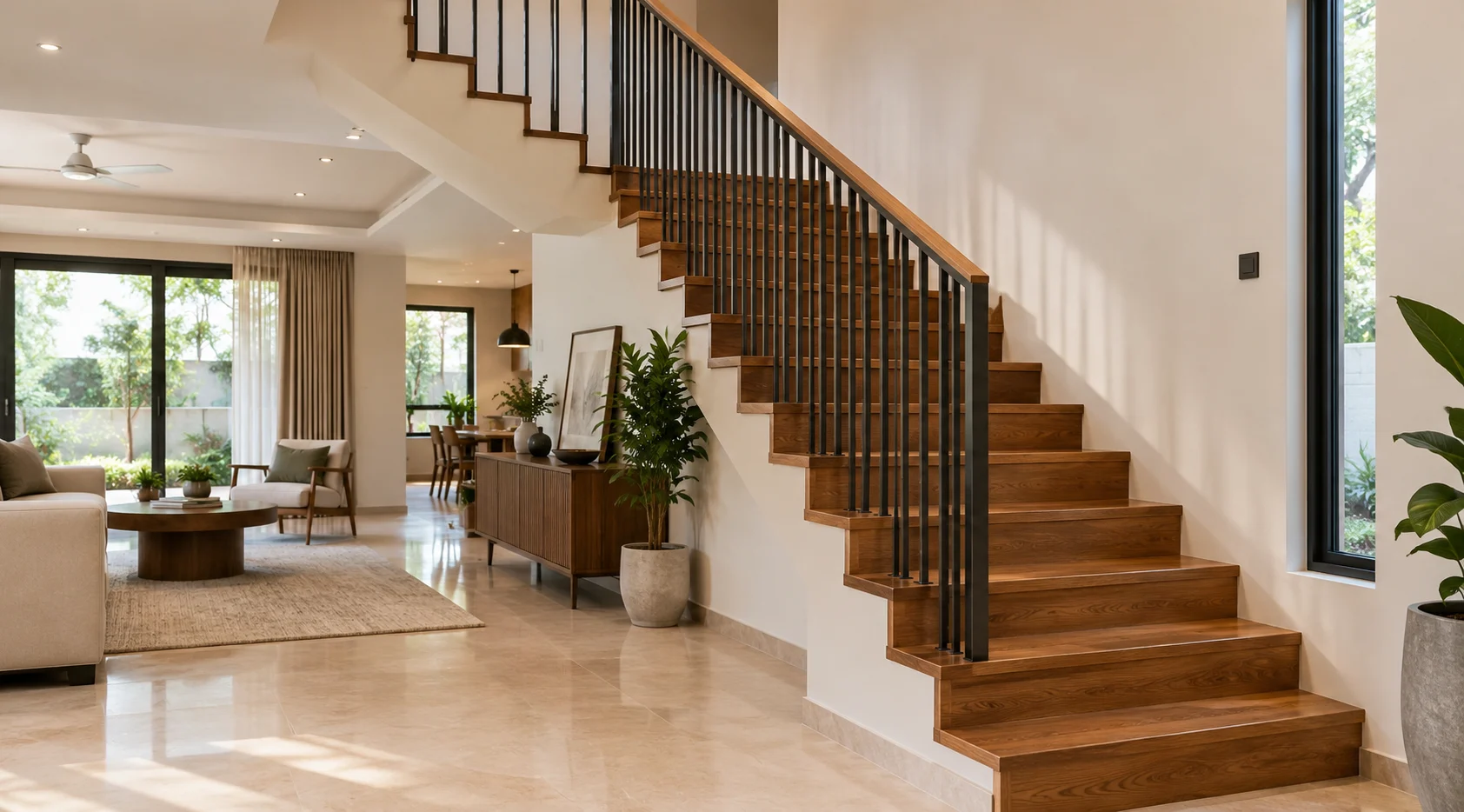 Wooden Staircase with Modern Railing